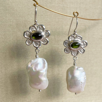 Sterling silver drop pearl earrings featuring a 7 petal flower and green tourmaline 