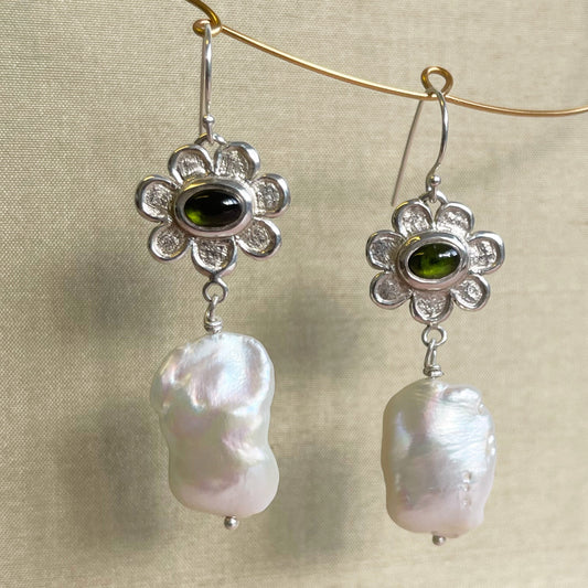 Sterling silver drop pearl earrings featuring a 7 petal flower and green tourmaline 