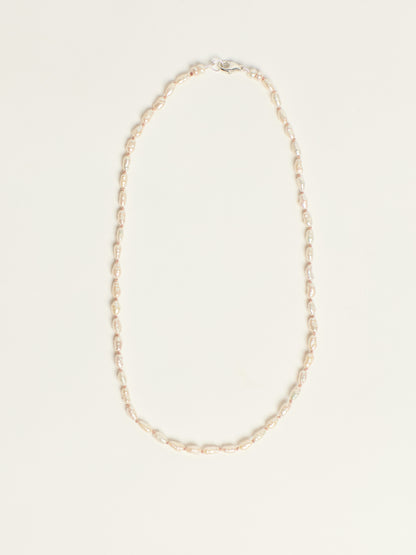A delicate gold chain necklace with a lobster clasp, laid flat on a light cream background.