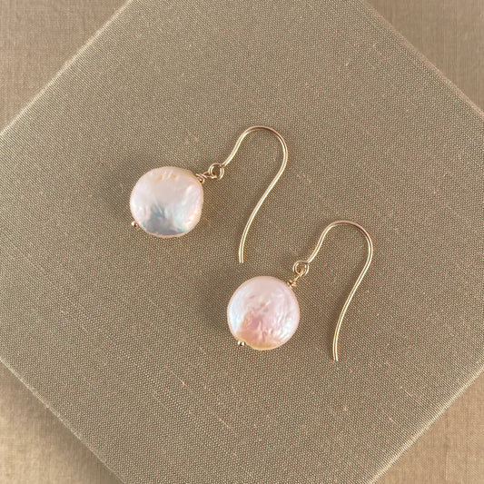 Single Drop Coin Pearl Earrings in 9ct Yellow Gold