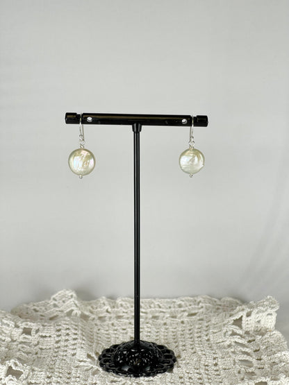 Silver single drop earrings with a which coin pearl